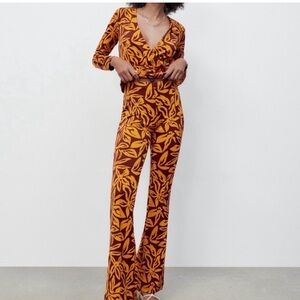 Zara Mustard and Chocolate Leaf Print Jumpsuit